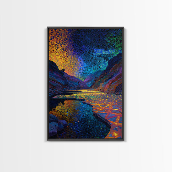 Sacred Geometry Canyon River Wall Art, Flower Of Life Landscape Print, Psychedelic Nature Decor, Meditation Room Wall Art