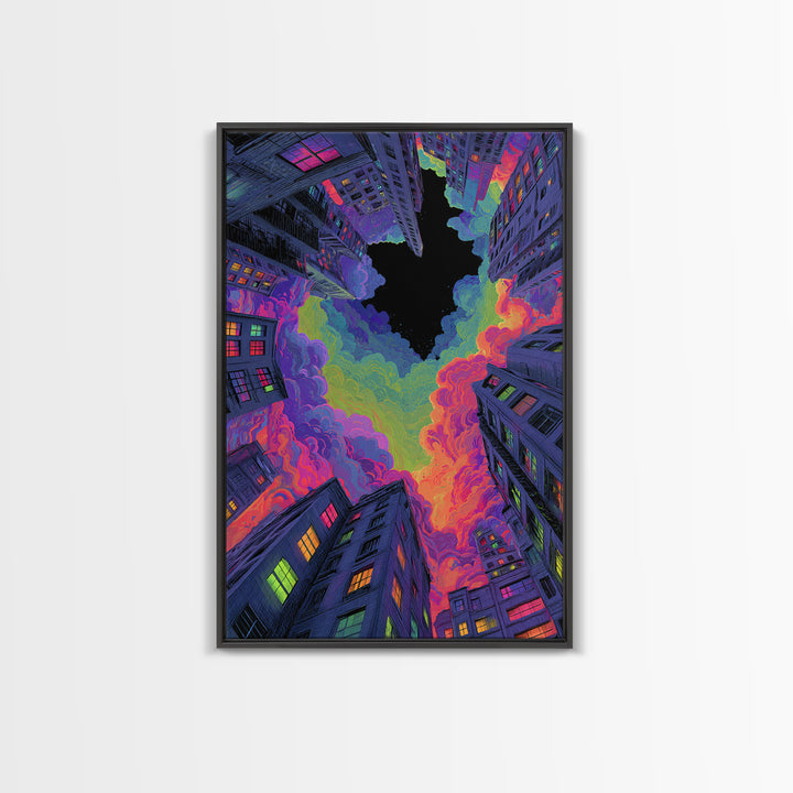 Neon City Skyscrapers Under Rainbow Clouds Wall Art, Urban Pop Art Print, Cyberpunk Decor, Modern Maximalist Living Room Wall Art