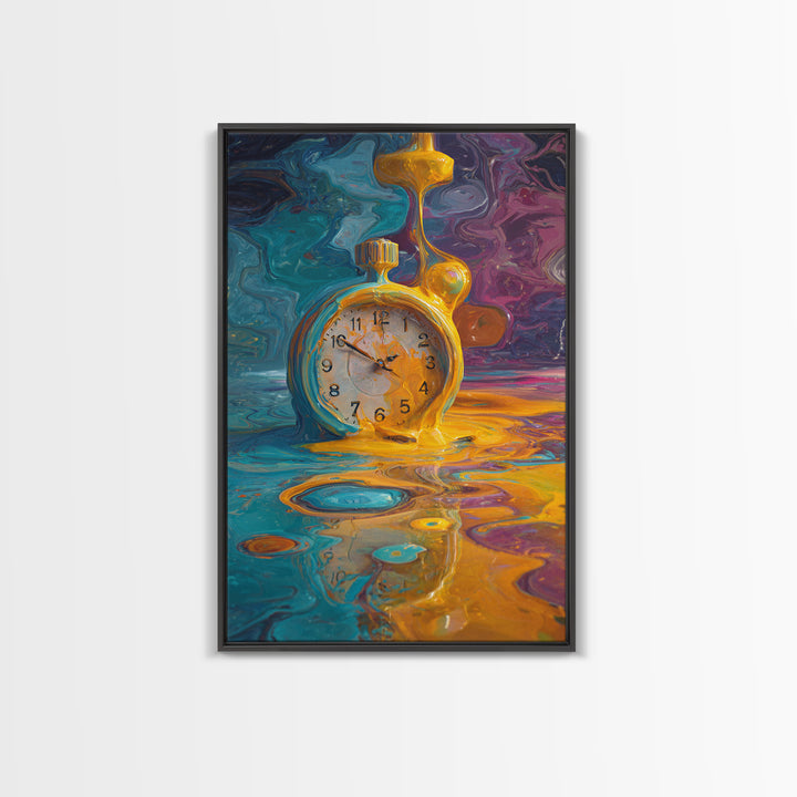 Melting Golden Alarm Clock Canvas Print, Surreal Wall Art, Colorful Abstract Painting, Whimsical Office Decor, Unique Gift