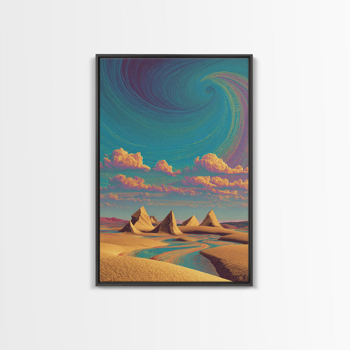 Surreal Desert Landscape With Pyramids And Swirling Sky Wall Art Modern Contemporary Canvas Print For Home Decor