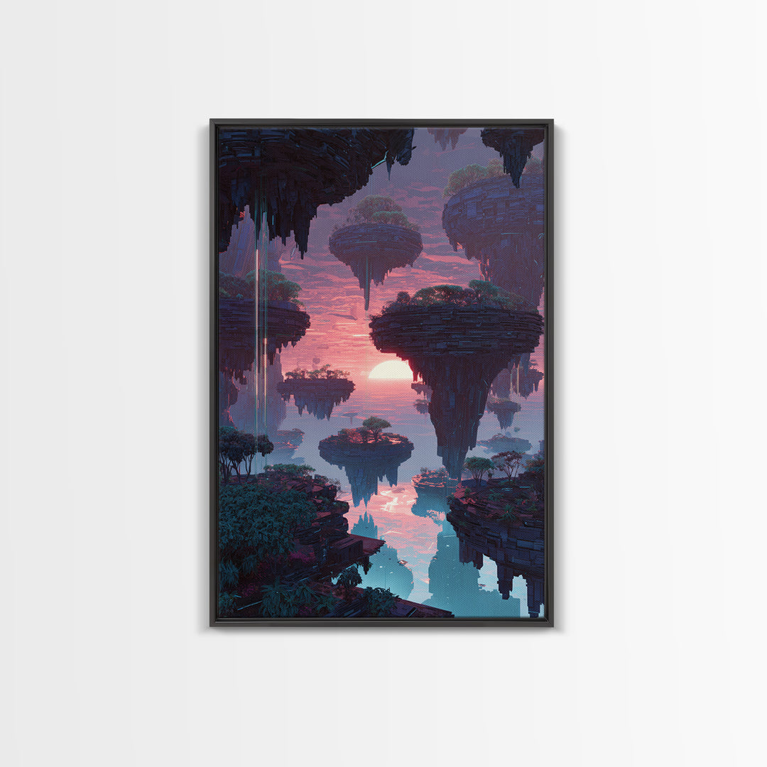 Futuristic Floating Islands With Lush Trees And Sunset Digital Fantasy Artwork Canvas Print Wall Art