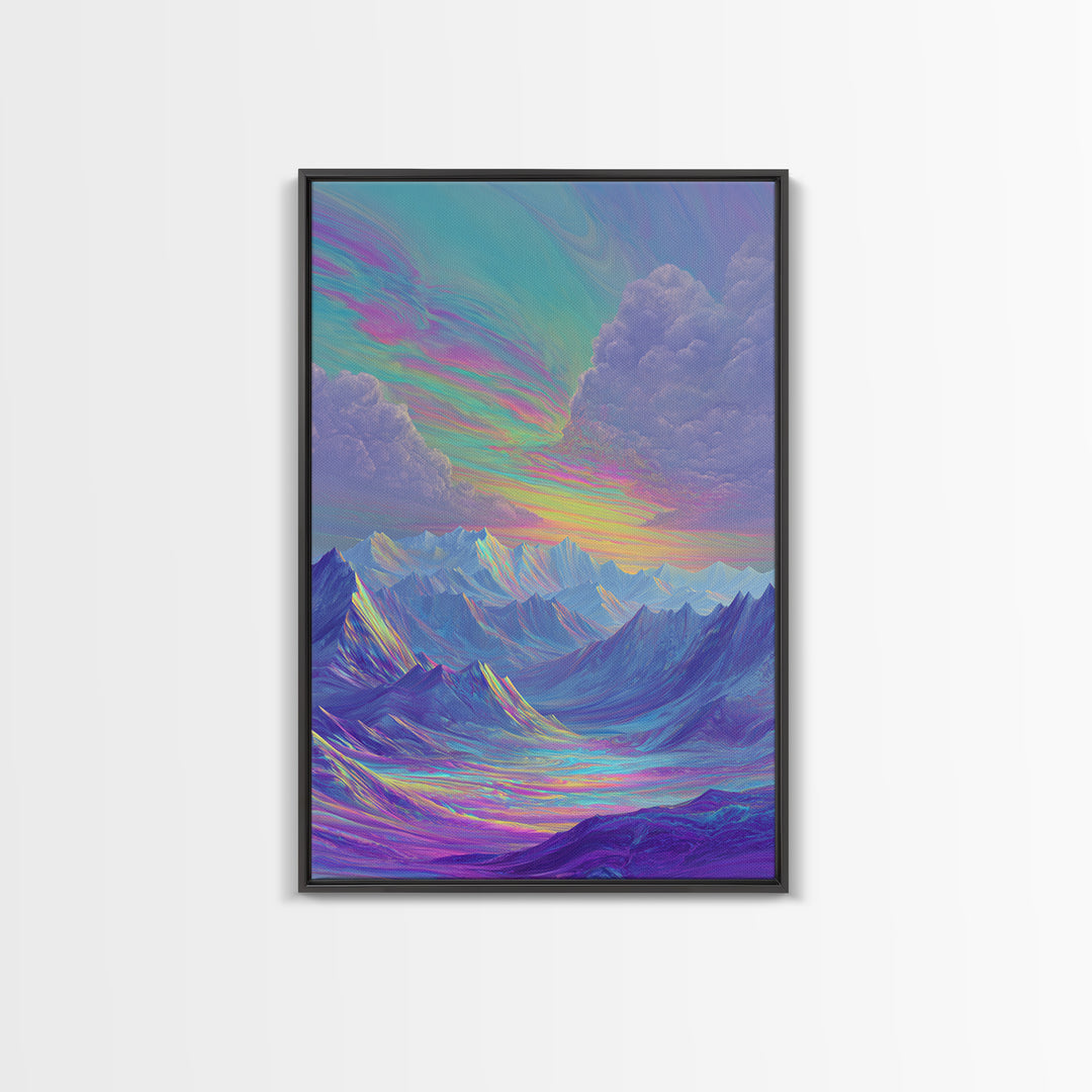 Iridescent Pastel Mountain Landscape Wall Art, Dreamy Alpine Canvas Print, Serene Calming Nature Decor, Above Bed Gift For Her