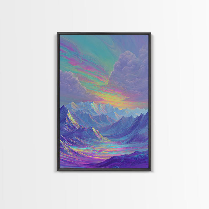 Iridescent Pastel Mountain Landscape Wall Art, Dreamy Alpine Canvas Print, Serene Calming Nature Decor, Above Bed Gift For Her