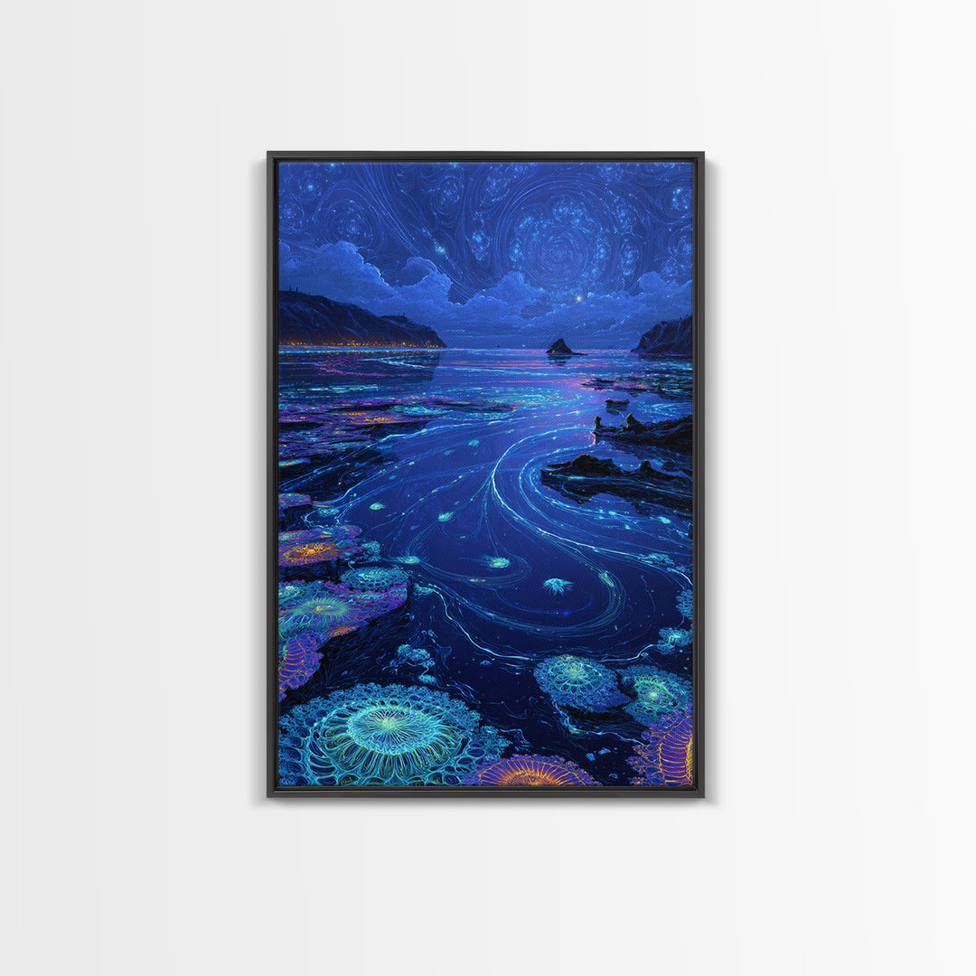 Bioluminescent Ocean Tide Pools Canvas Print, Blue Seascape Wall Art, Coastal Decor, Mystical Nature Art For Living Room