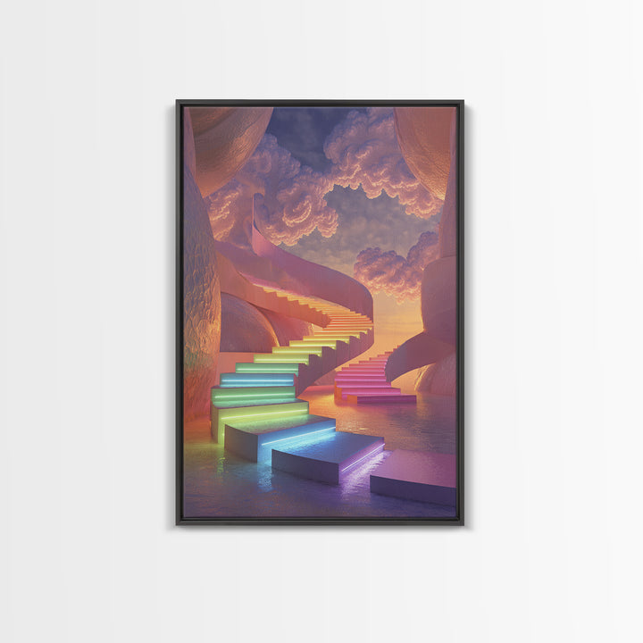Dreamy Rainbow Stairway To Clouds Canvas Print, Surreal Pastel Fantasy Art, Celestial Wall Decor For Bedroom Home Decor Gift