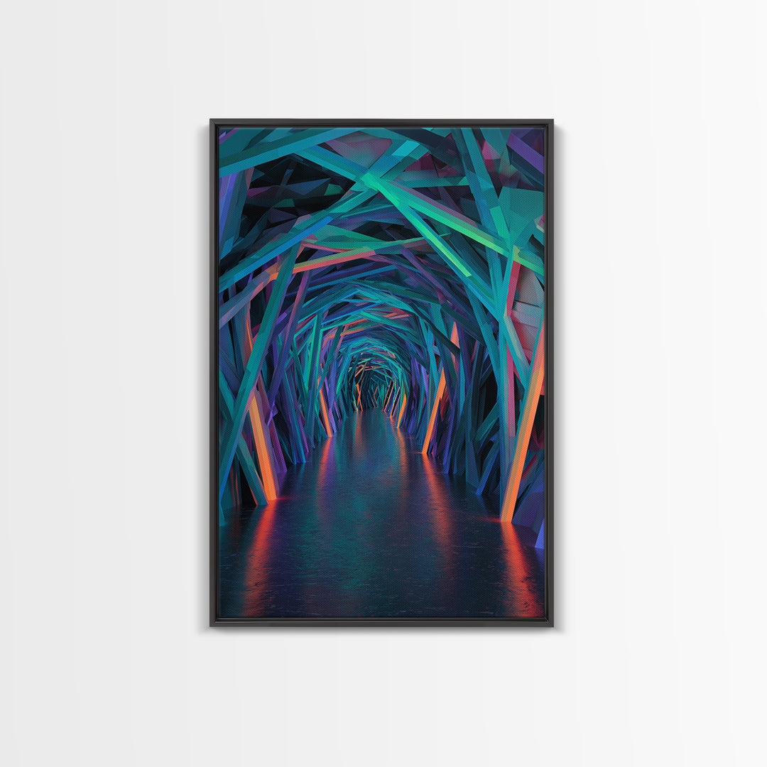 Neon Geometric Tunnel Wall Art, Futuristic Abstract Hallway Canvas, Cyberpunk Decor, Modern Office Statement Art Print Decor