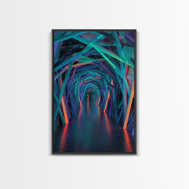 Neon Geometric Tunnel Wall Art, Futuristic Abstract Hallway Canvas, Cyberpunk Decor, Modern Office Statement Art Print Decor