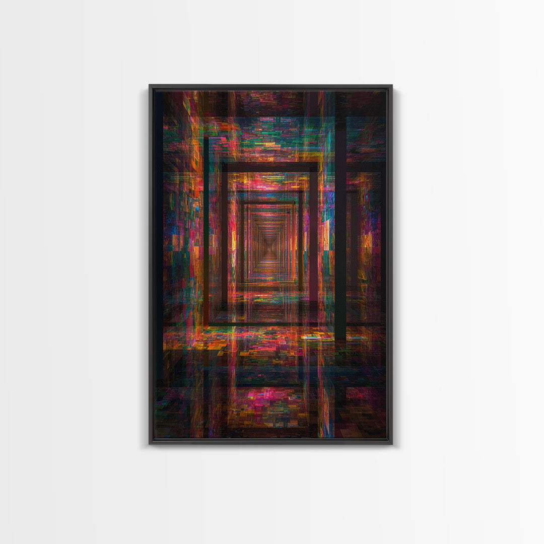 Neon Glitch Infinite Corridor, Cyberpunk Abstract Wall Art, Futuristic Canvas Print, Gaming Room Decor, Modern Office Art
