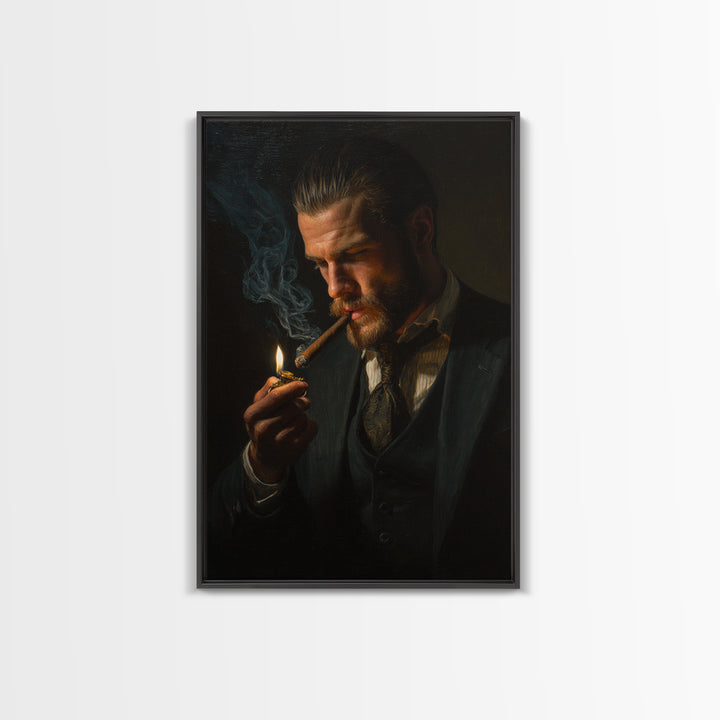 Moody Gentleman Lighting Cigar Framed Canvas Print, Dark Academia Portrait Oil Painting For Masculine Office And Man Cave Decor