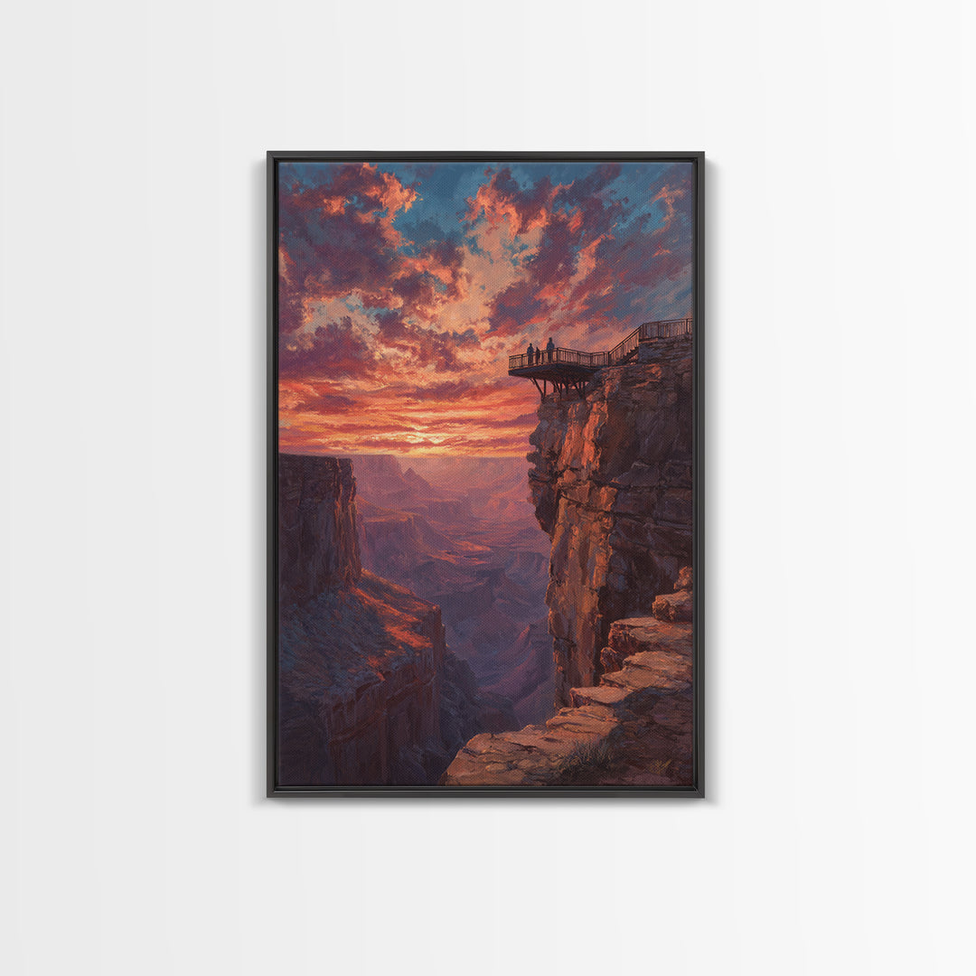 Grand Canyon Sunset With Dramatic Sky And Viewers On Overlook Wall Art Framed Canvas Print For Living Room Home Decor