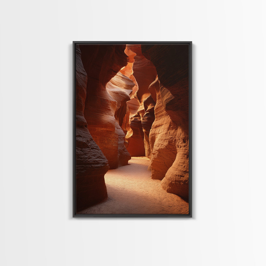 Sunlit Red Rock Canyon Pathway Between Towering Cliffs Framed Canvas Print For Rustic Home And Office Decor