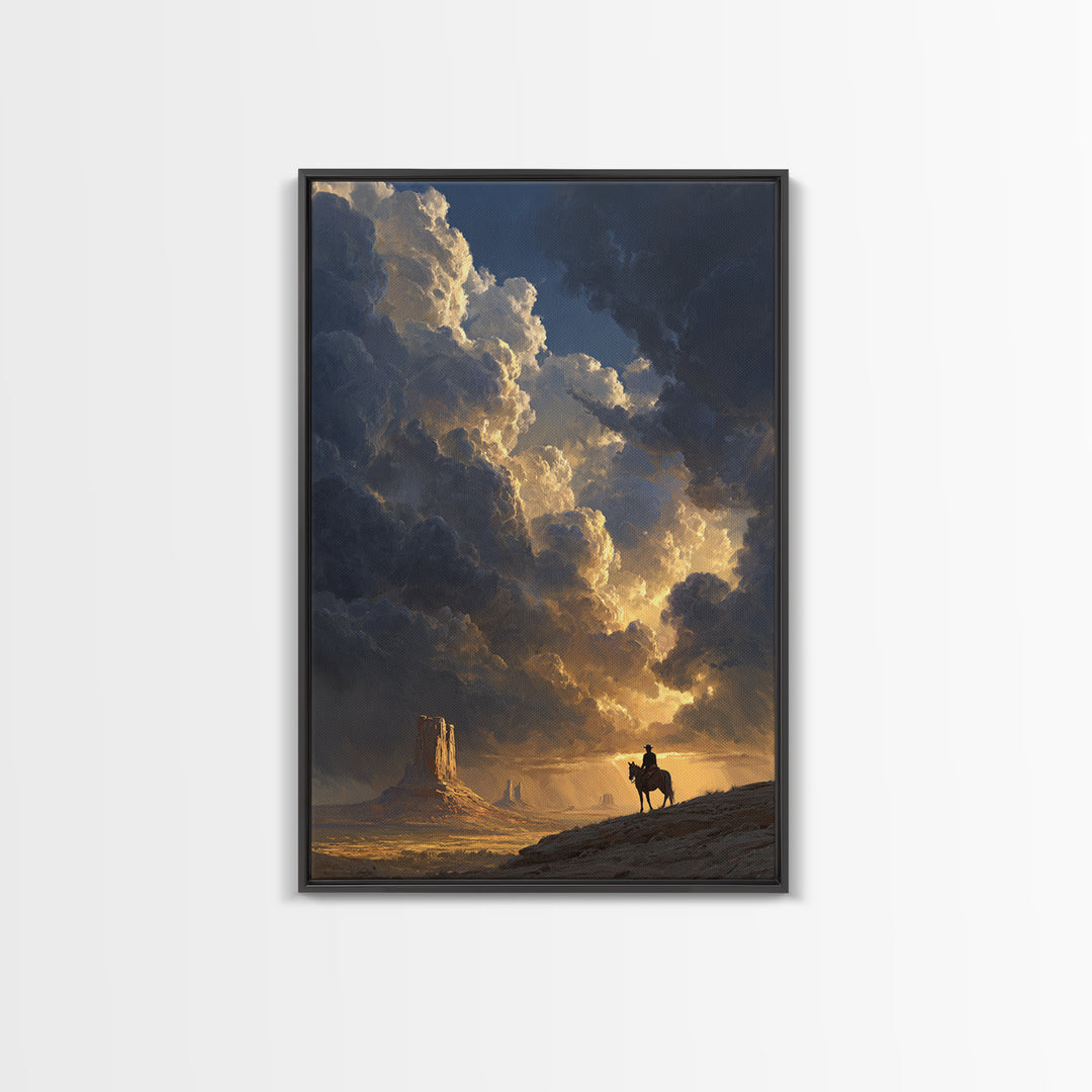 Dramatic Western Landscape With Cowboy On Horse And Monument Valley Scene Wall Art Canvas Print For Rustic Decor