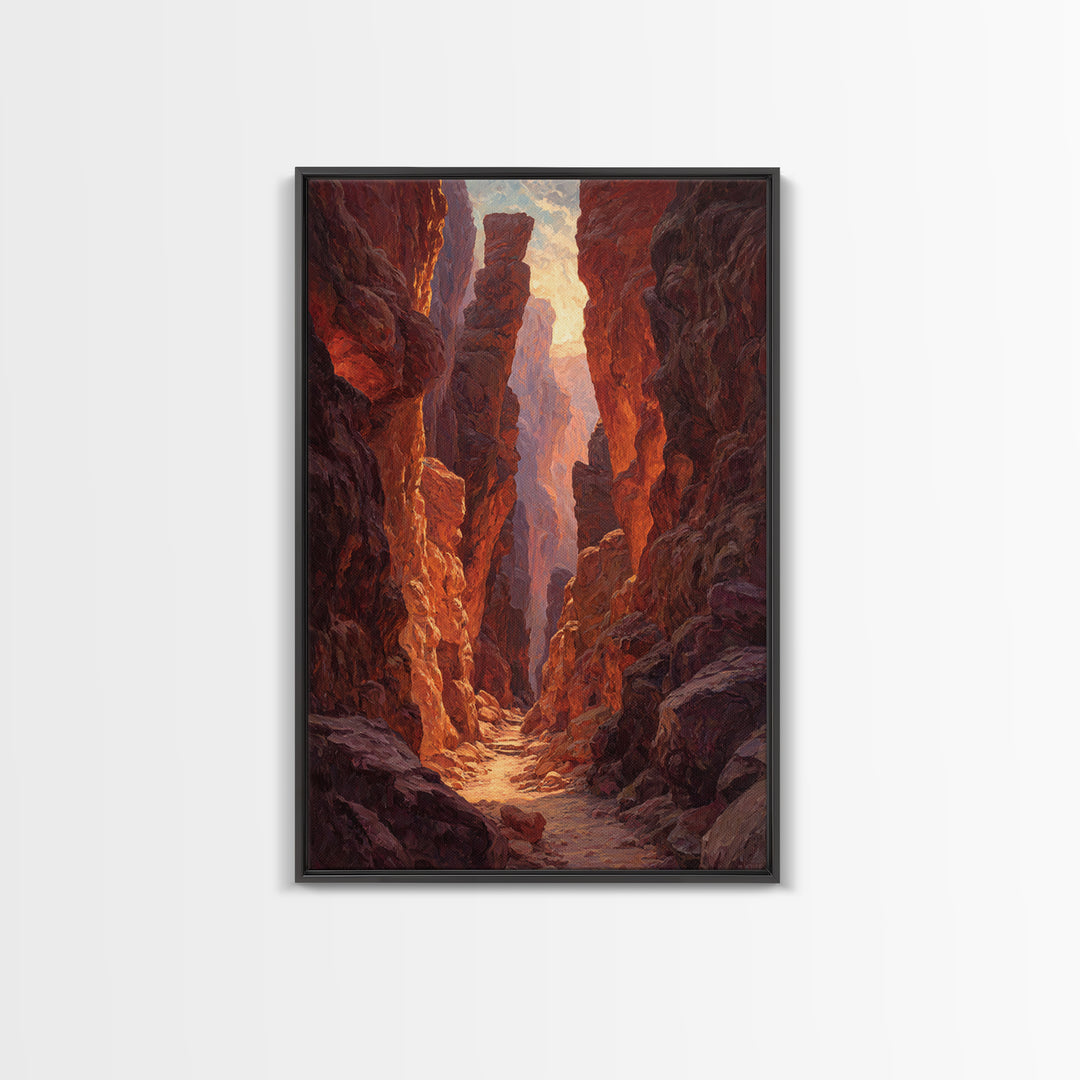 Sunlit Rocky Canyon With Warm Tones Nature Painting Wall Art Canvas Print Large Landscape Home Decor And Original Art