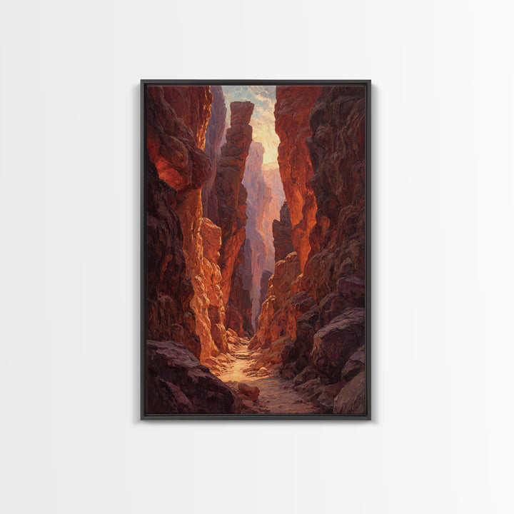Sunlit Rocky Canyon With Warm Tones Nature Painting Wall Art Canvas Print Large Landscape Home Decor And Original Art