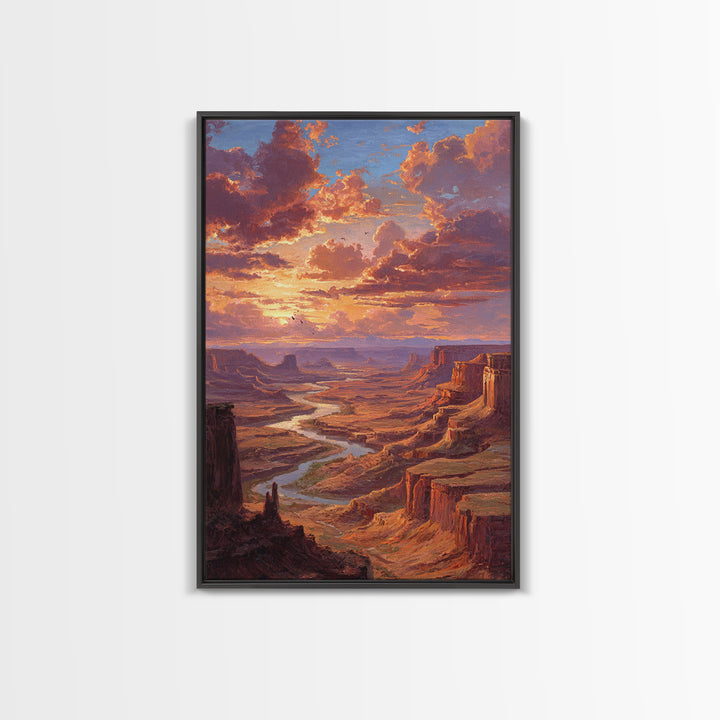 Sunset Over Canyon River Oil Painting Landscape Wall Art Large Framed Canvas Print Rustic Home Decor Gift For Nature Lovers