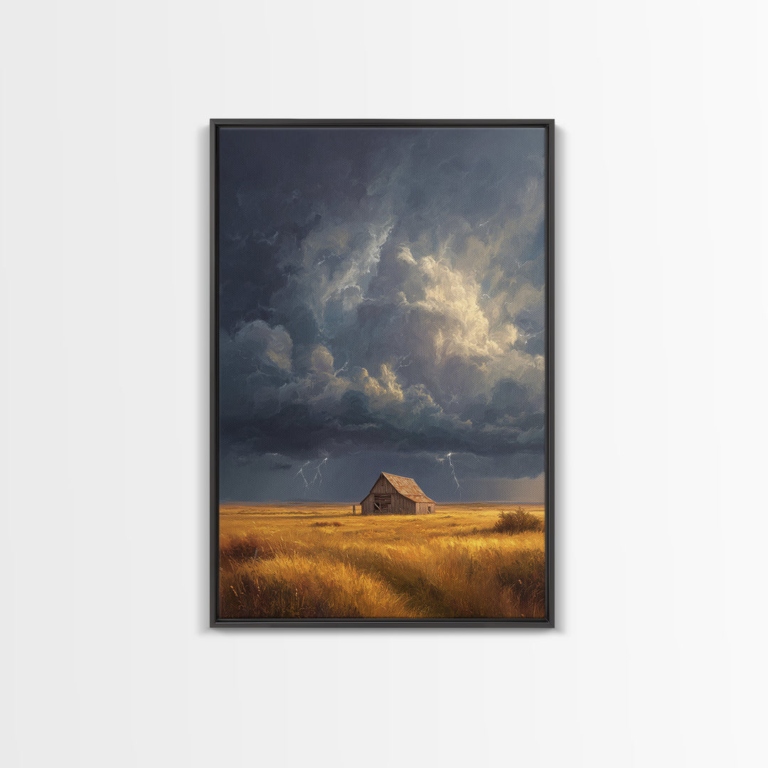 Rustic Barn In Stormy Field Landscape Wall Art With Dramatic Sky Lightning Canvas Print For Living Room Decor