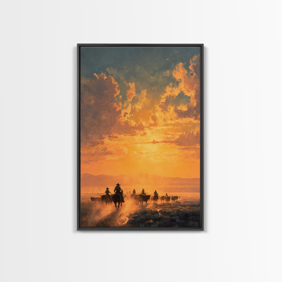 Sunset Cowboy Cattle Drive Ranch Scene Oil Painting Wall Art Framed Canvas Print For Rustic Farmhouse Home Decor