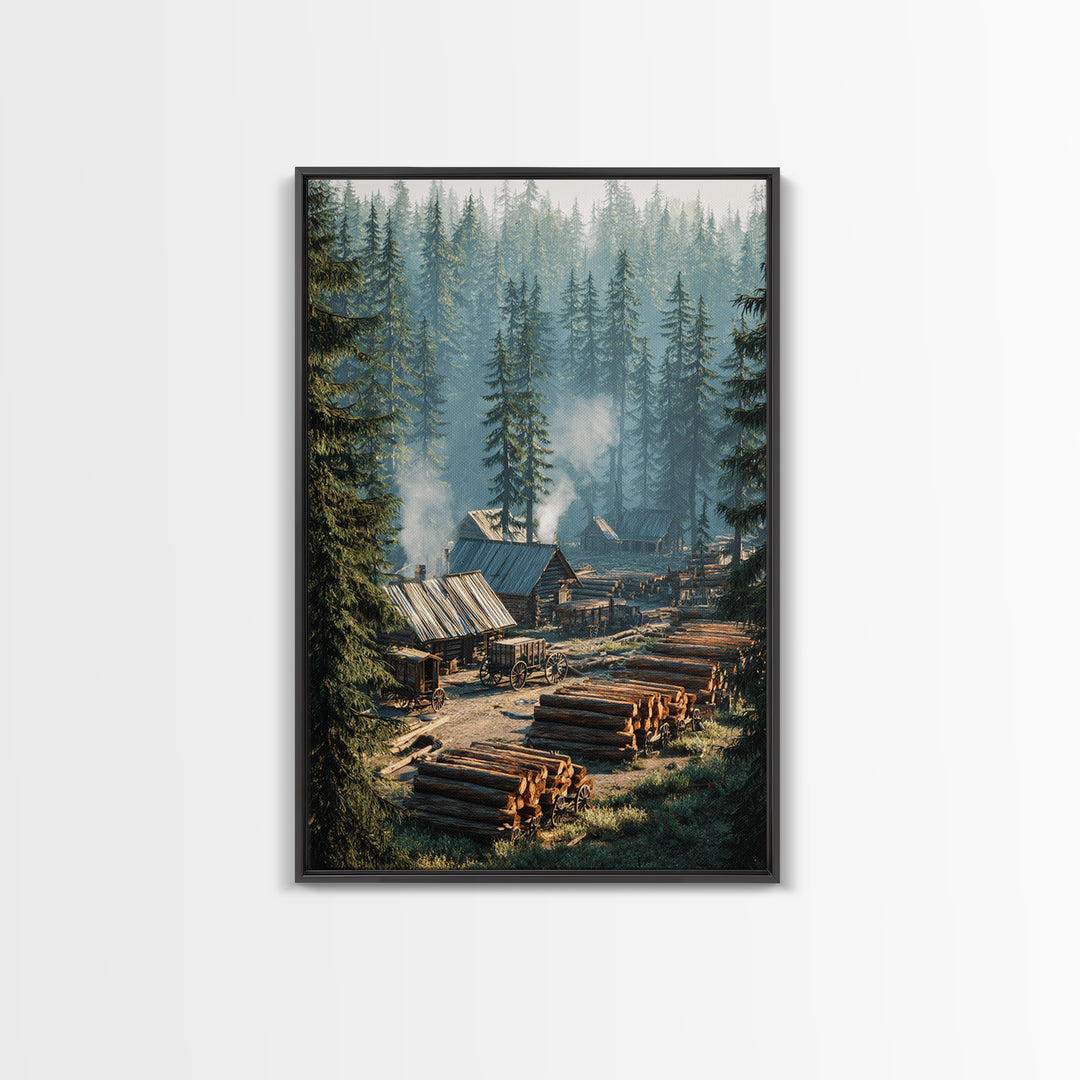 Rustic Log Cabin Village In Misty Forest Painting Wall Art Canvas Print For Cozy Home Decor Living Room Wall Art