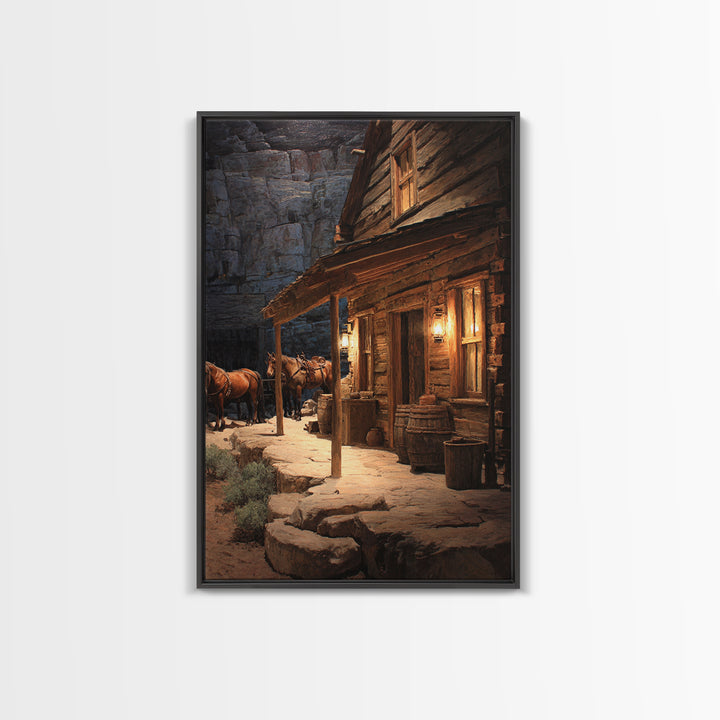 Rustic Western Cabin With Horses At Dusk Warm Oil Painting Wall Art Framed Canvas Print For Cozy Living Room