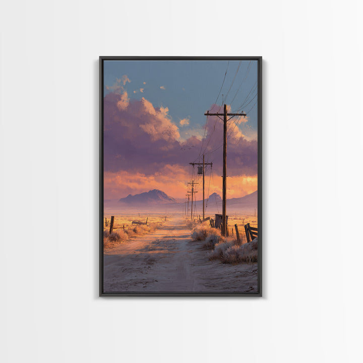 Desert Sunset Road With Power Poles And Mountains Minimalist Landscape Wall Art Framed Canvas Print For Modern Home
