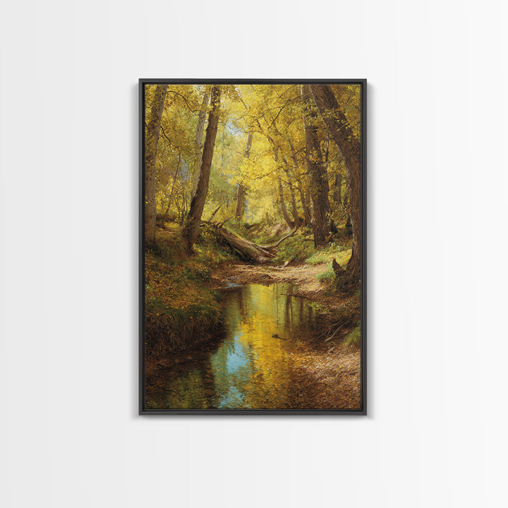 Serene Autumn Forest Landscape Oil Painting Canvas Print Featuring Golden Trees And Reflections For Wall Art