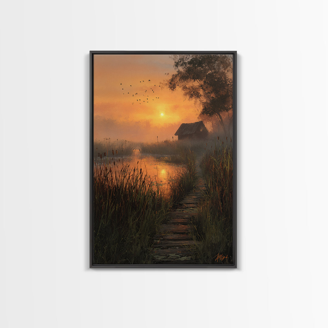 Peaceful Country Cabin At Sunlit Evening With Birds Flying Over Still Pond Serene Landscape Wall Art Print
