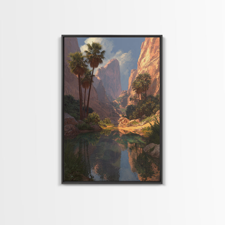 Stunning Desert Canyon Landscape Painting With Palm Trees Reflecting In Water Large Wall Art Canvas Print For Southwestern Home Decor