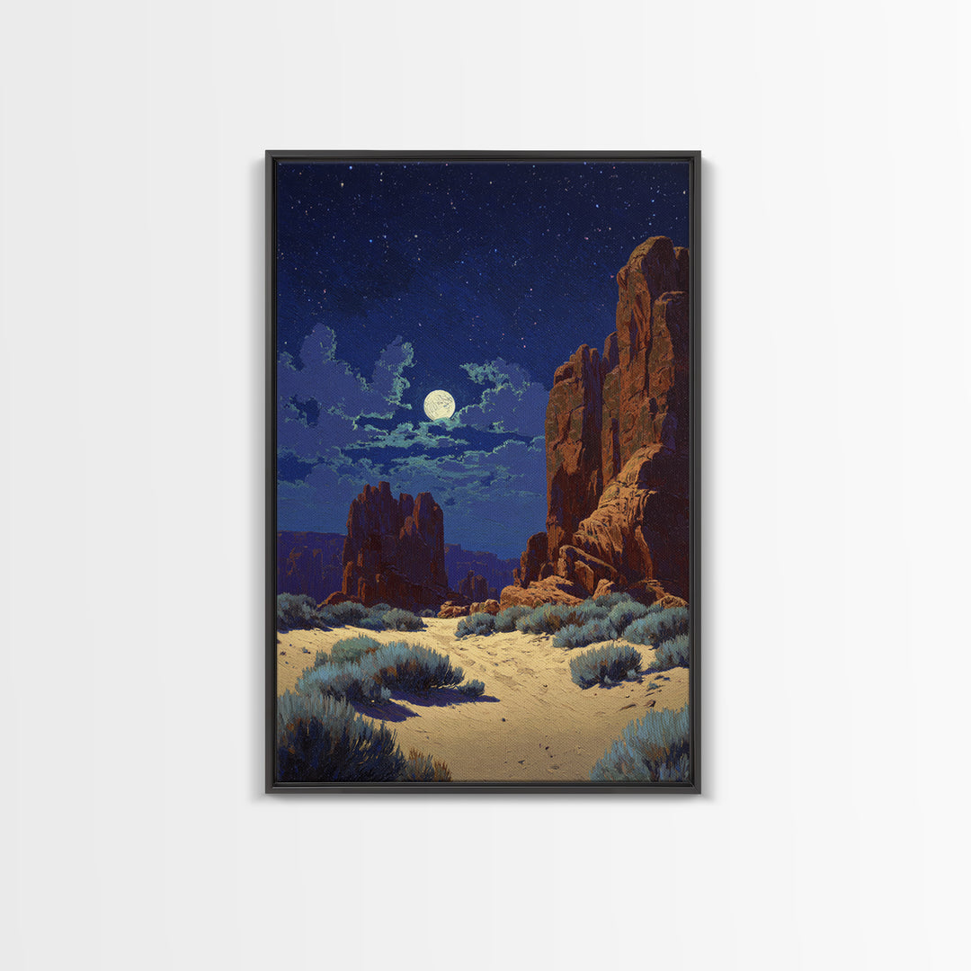 Starry Night Desert Landscape Wall Art With Moonlight Framed Canvas Print For Modern Rustic Home Decor And Cozy Living Room