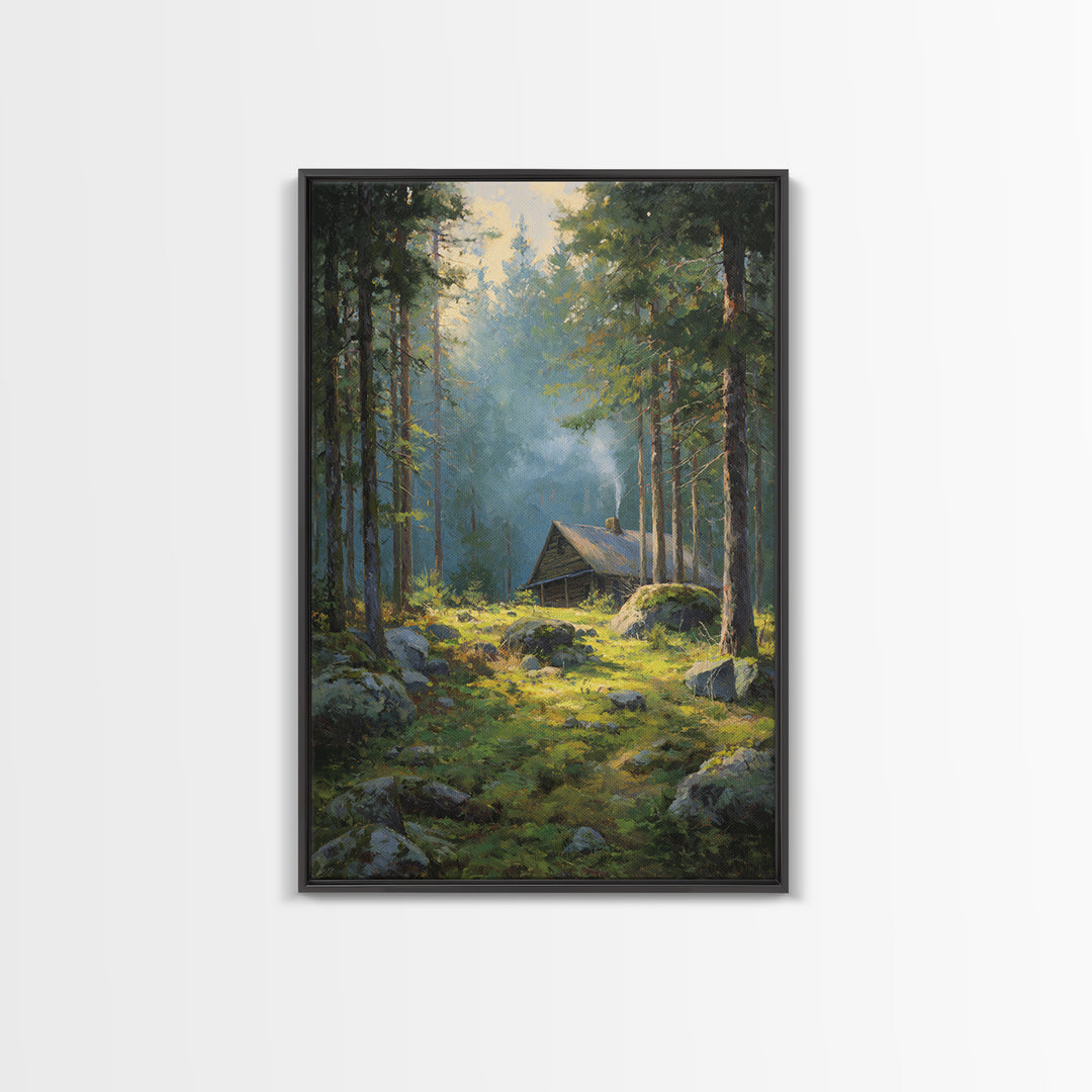 Sunset Campfire In Cozy Rustic Cabin Smoky Forest Original Oil Painting Wall Art Framed Canvas Print Warm Home Decor Nature Artwork
