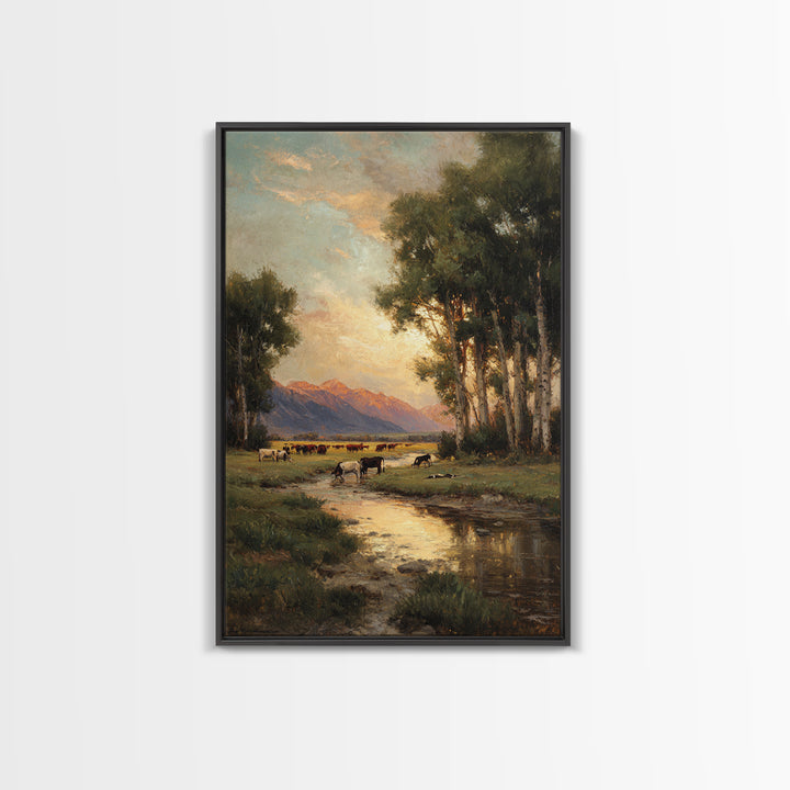 Serene Pastoral Landscape Oil Painting Artwork Featuring Cows Grazing Near Mountains Large Wall Art Canvas Print For Rustic Home Decor