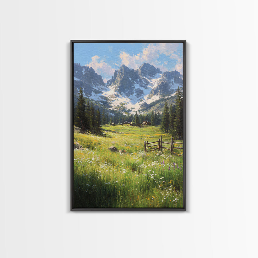 Rustic Mountain Landscape With Wildflower Meadow Original Oil Painting Large Wall Art Canvas Print