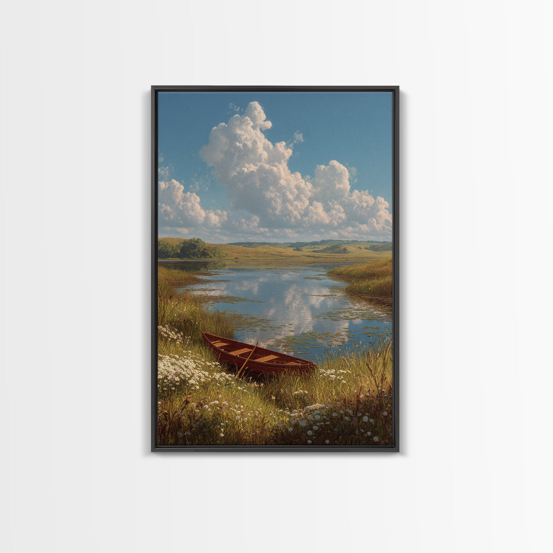 Quiet Lakeside Scene With Rowboat And Wildflowers Landscape Oil Painting Fine Art Print Wall Art