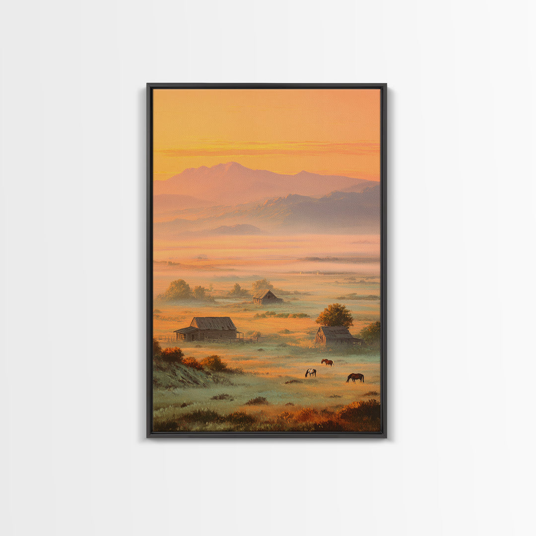 Golden Morning Mist Over Rustic Barns And Horses With Mountain Background Wall Art For Cozy Living Room Decor