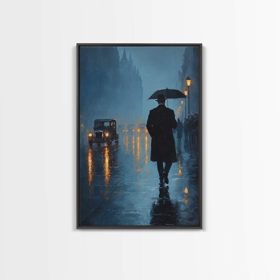 Rainy London Street With Umbrella Wall Art, Moody Blue Cityscape Oil Painting Print For Living Room Office Decor And Dark Academia