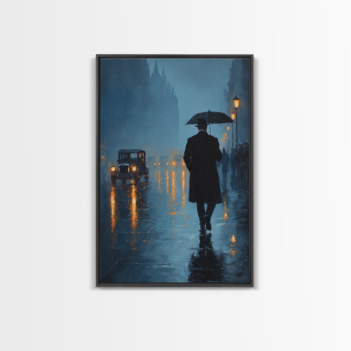 Rainy London Street With Umbrella Wall Art, Moody Blue Cityscape Oil Painting Print For Living Room Office Decor And Dark Academia