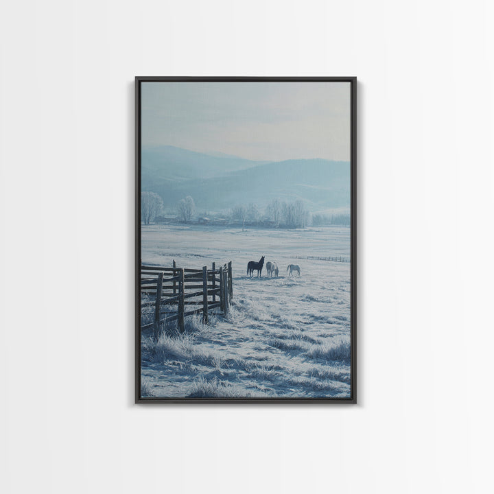 Winter Landscape Painting With Horses In Snowy Field Featuring Wooden Fence Pastel Tones Canvas Print For Rustic Home Decor