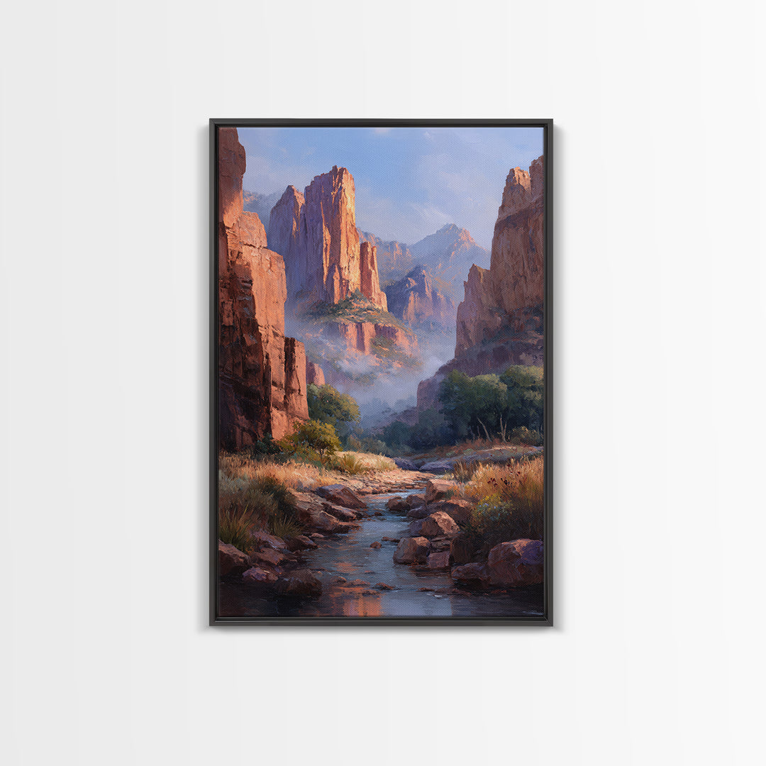 Classic Landscape Oil Painting Canyon River Wall Art Framed Canvas Print For Rustic Home Decor And Gifts