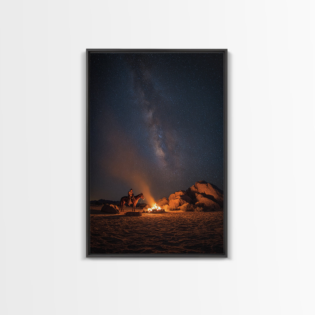 Wild West Cowboy By Campfire Under Starry Night Sky Large Wall Art Canvas Print For Rustic Western Home Or Man Cave Decor