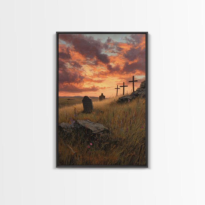 Sunset Cemetery Scene Oil Painting With Striking Sky And Crosses Wall Art Framed Canvas Print For Living Room Decor