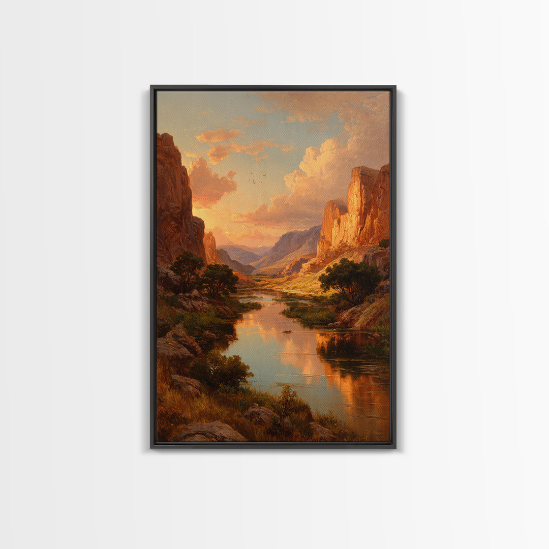 Sunset Over Majestic Canyon Landscape River Reflection Wall Art Framed Canvas Print For Rustic Home Decor
