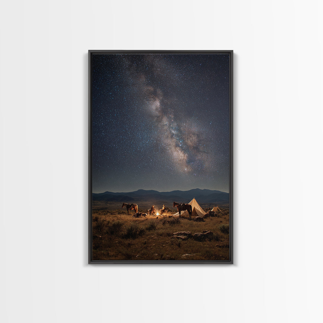Cowboys Campfire Under Star Filled Night Sky Photography Canvas Print For Rustic Wall Art And Western Home Decor Framed