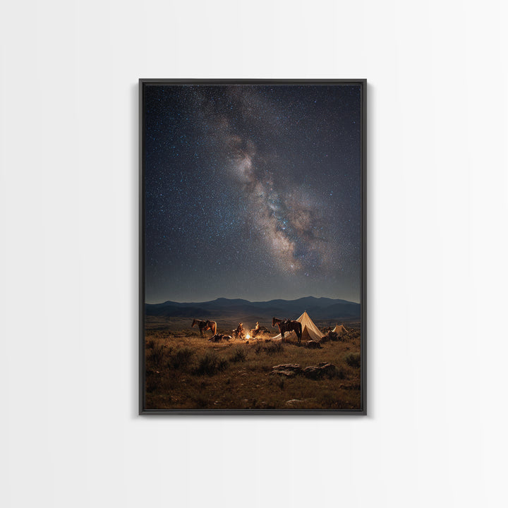 Cowboys Campfire Under Star Filled Night Sky Photography Canvas Print For Rustic Wall Art And Western Home Decor Framed