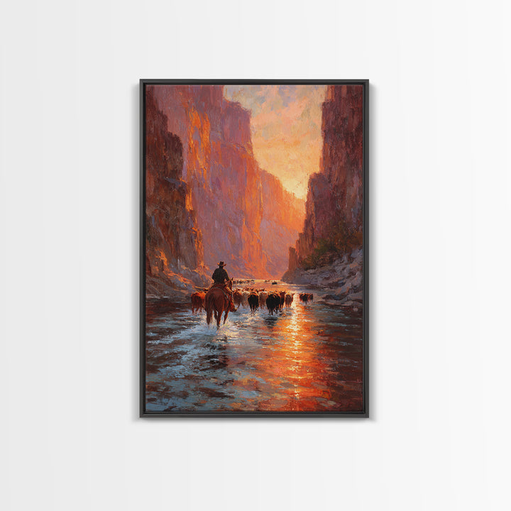 Cowboy Herding Cattle Through Sunlit Canyon Scene Classic Western Oil Painting Framed Canvas Print For Rustic Wall Art Farmhouse Décor