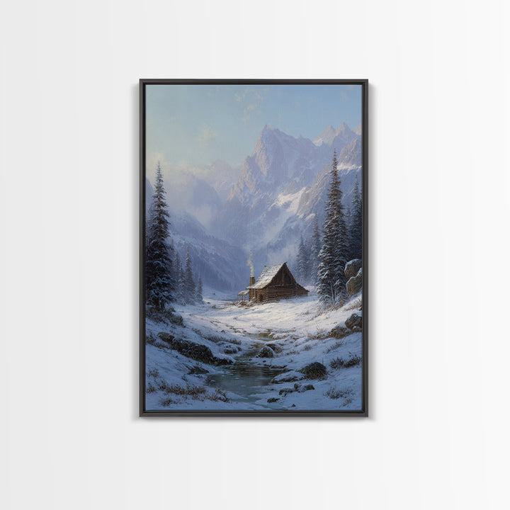Winter Mountain Cabin Oil Painting Framed Canvas Print Rustic Snow Landscape Wall Art For Cozy Home Decor