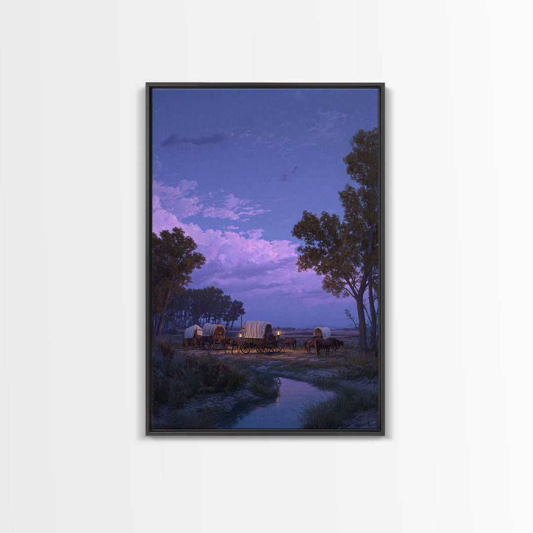 Peaceful Wagons At Twilight Sunset Landscape Large Wall Art Framed Canvas Print For Rustic Home Decor