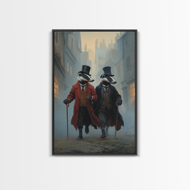 Dapper Badger Gentlemen Walking In Foggy City Canvas Print, Whimsical Animal Wall Art For Nursery Room And Eclectic Decor