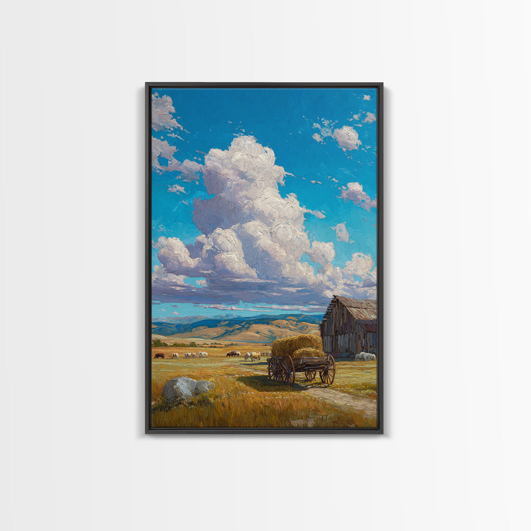 Rustic Country Farm Scene With Barn Cart And Livestock Large Wall Art Framed Canvas Print For Farmhouse Home Decor And Living Room