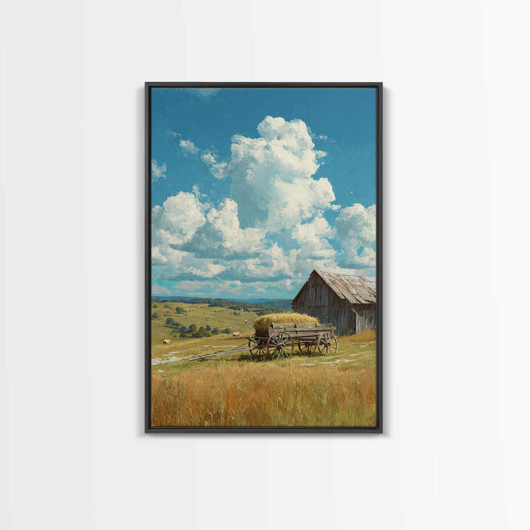 Bright Sunlit Barn And Field Landscape Painting Wall Art Canvas Print For Cozy Farmhouse Rustic Decor
