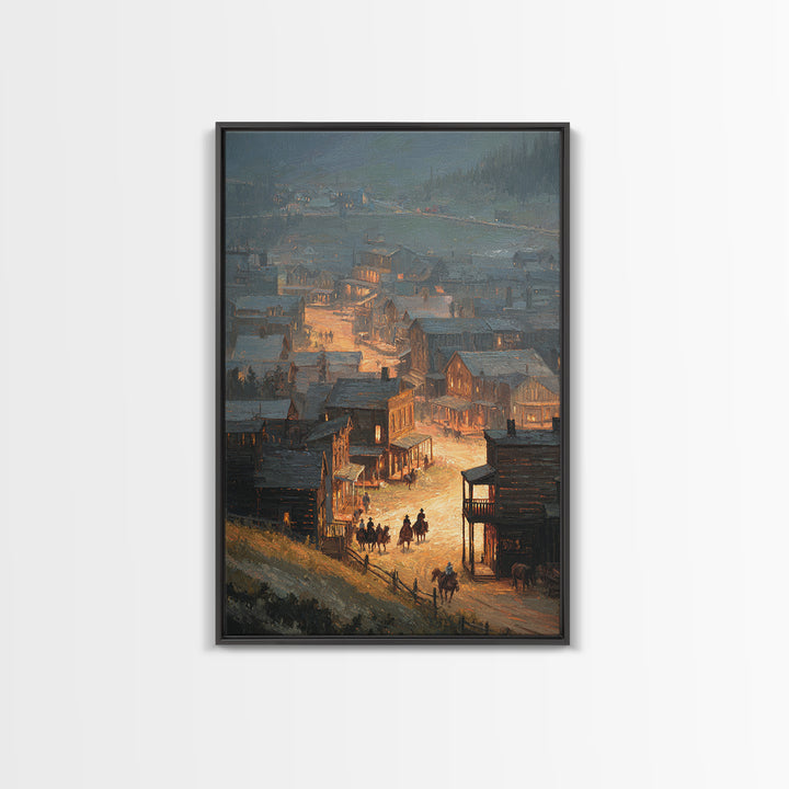 Old Western Town At Dusk Oil Painting Framed Canvas Print Large Wall Art For Rustic Home Decor And Living Room Wall Art