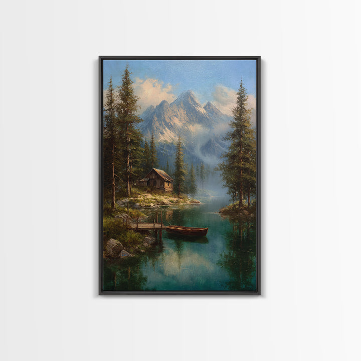 Tranquil Mountain Lake Cabin Scene Oil Painting Landscape Wall Art Canvas Print Rustic Home Decor Nature Lover Gift